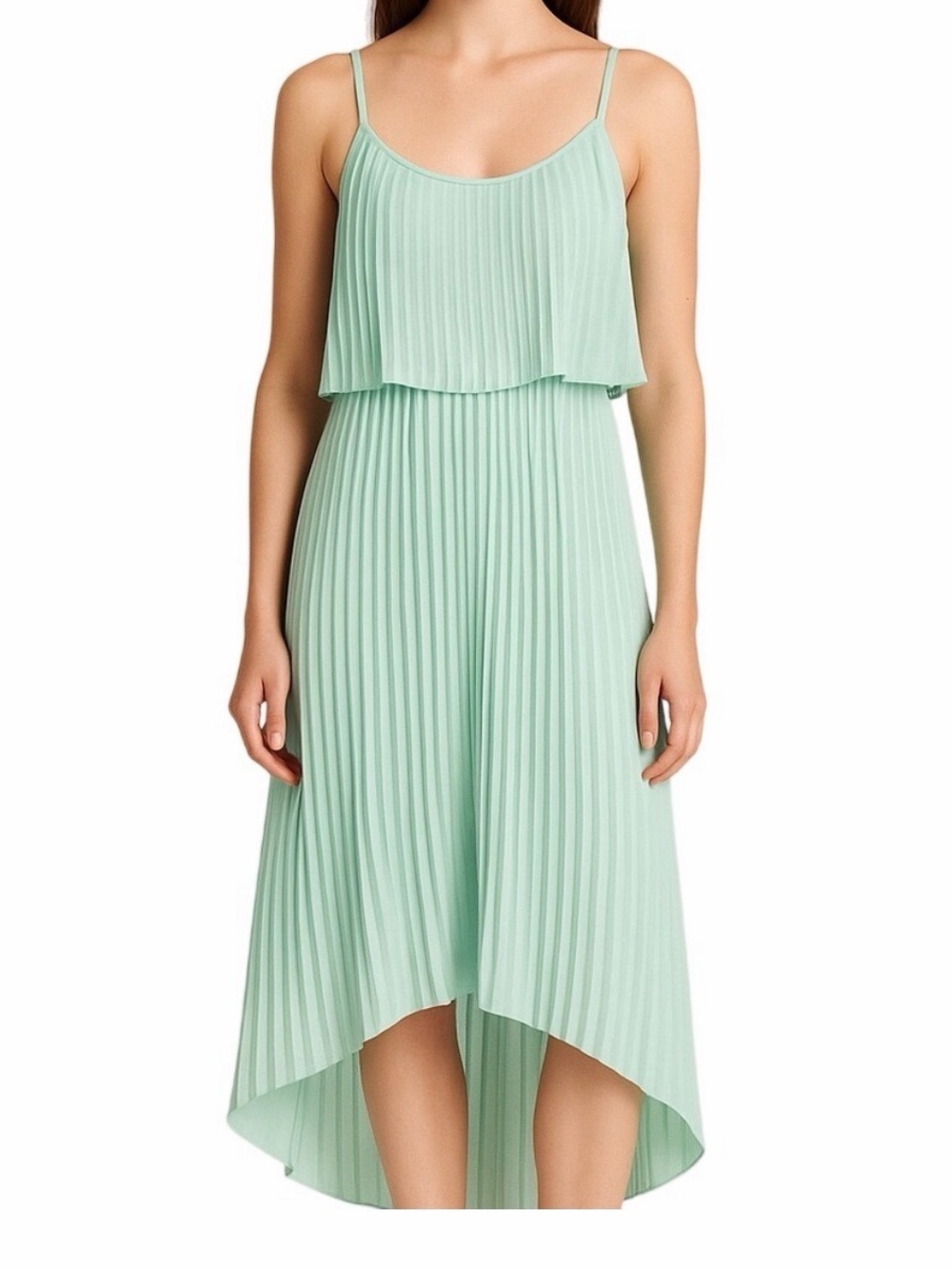 Charlotte Russo Pleated High-Low Spaghetti Strap Dress - Mint